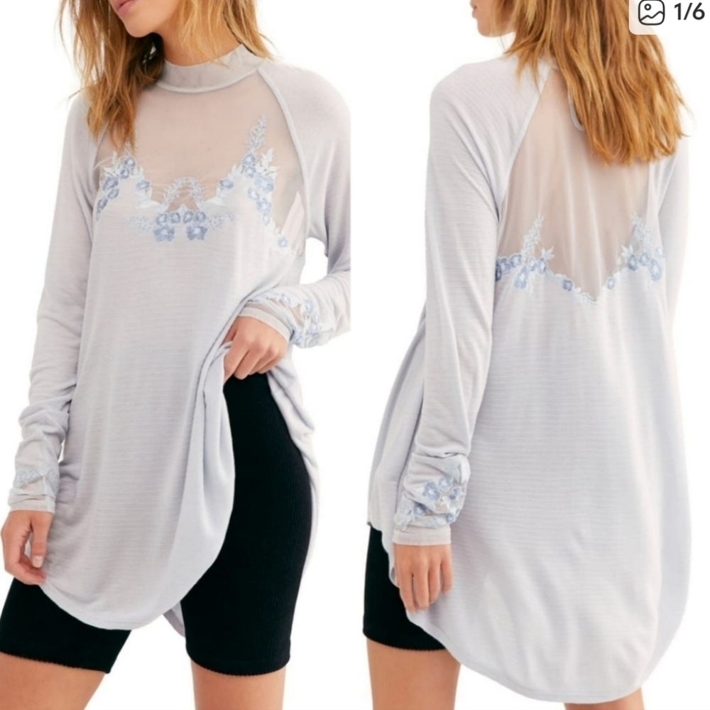 Free People Saheli Embroidered-Mesh Top Glacier Blue Womens Large New